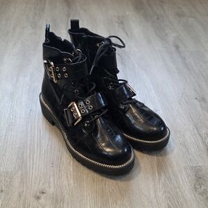 ASOS Black Crocodile Combat Moto Goth Boots Gold Buckles Size 5